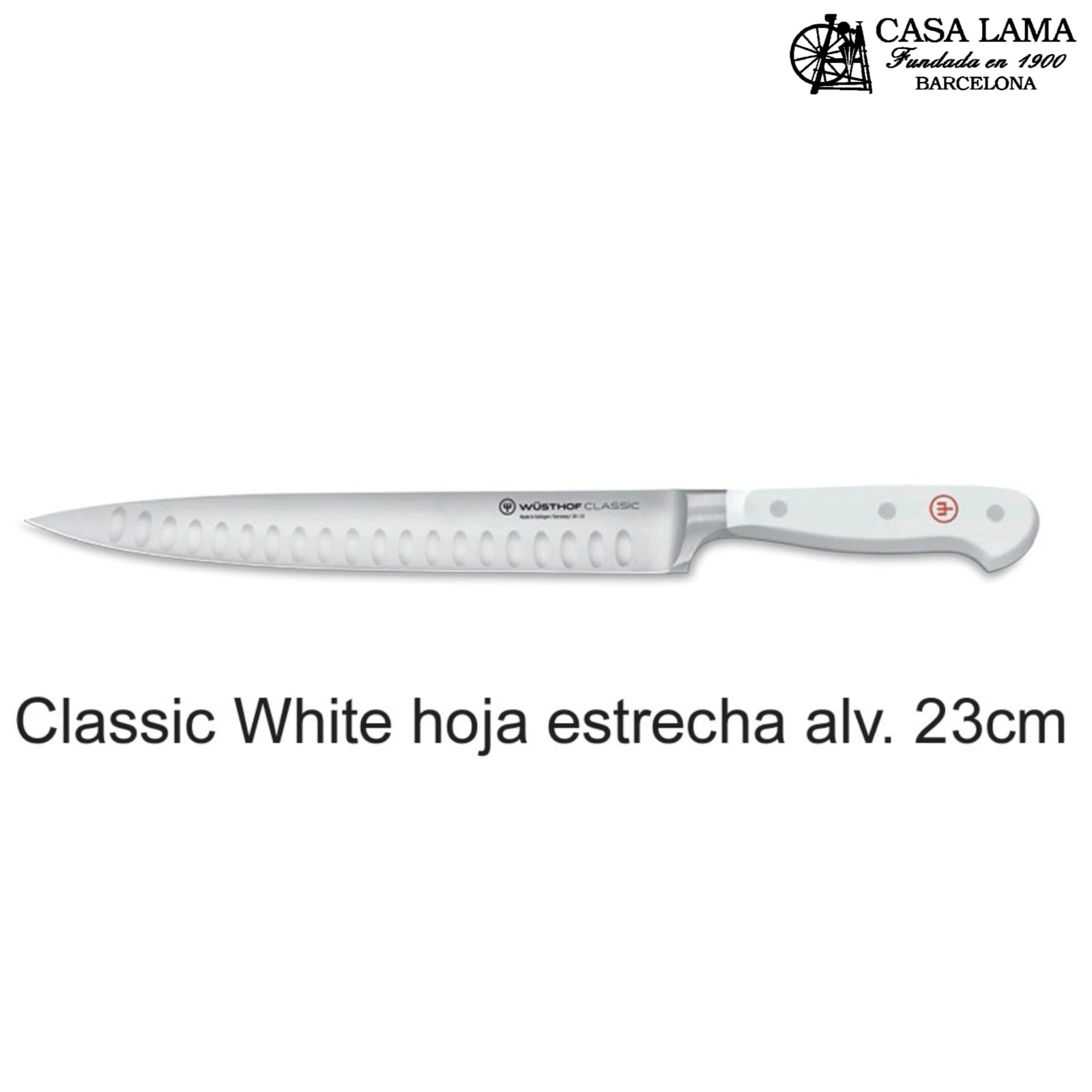Cuchillo Wüsthof Classic White Chef hoja estrecha alveolada 23 cm
